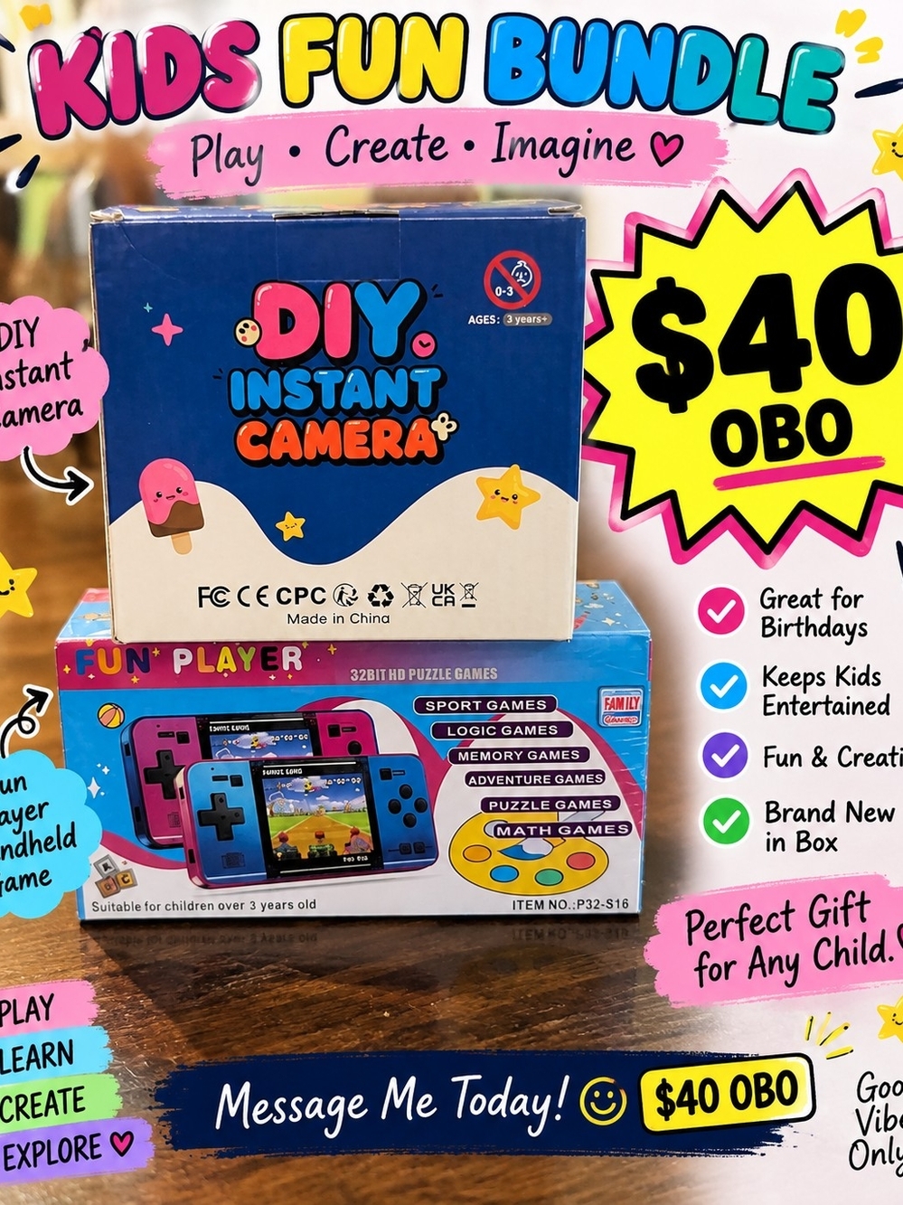 DIY Instant Camera & Handheld Game Bundle - Blue/Pink